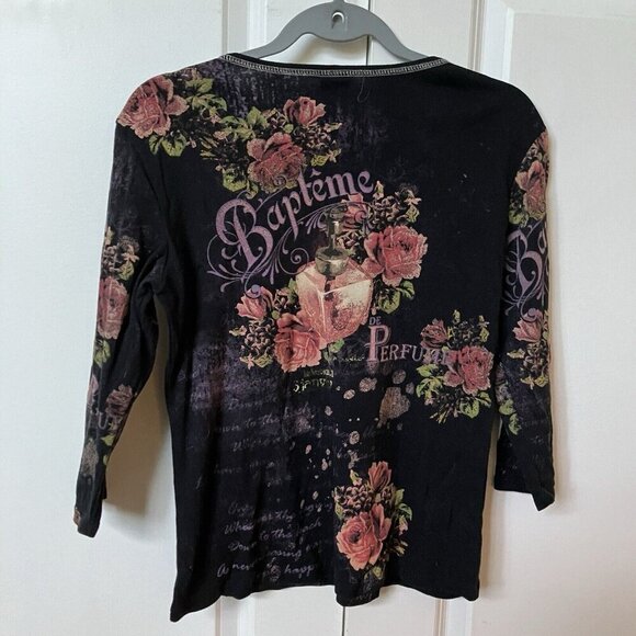 Y2K Jess & Jane Shirt Perfume Bottle Rhinestone Bejeweled AOP ¾ Sleeve T-shirt - Picture 4 of 5